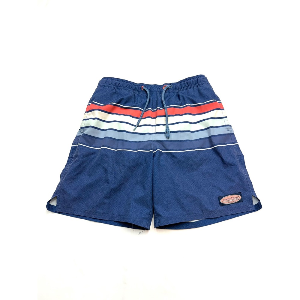 VINEYARD VINES Boys Medium Blue White Coral Stripe Mesh Lined 6.5" Swim Trunks